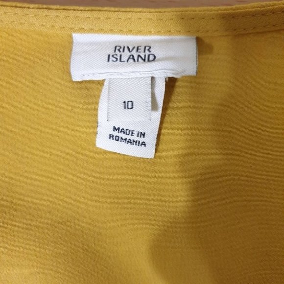 River Island AU-10 Yellow Mustard Puff Sleeve Blouse Button Top V-Neck - Picture 4 of 8